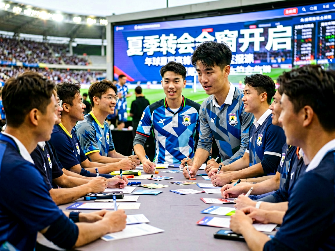 足球转会市场新闻，球员签约新闻发布会场景